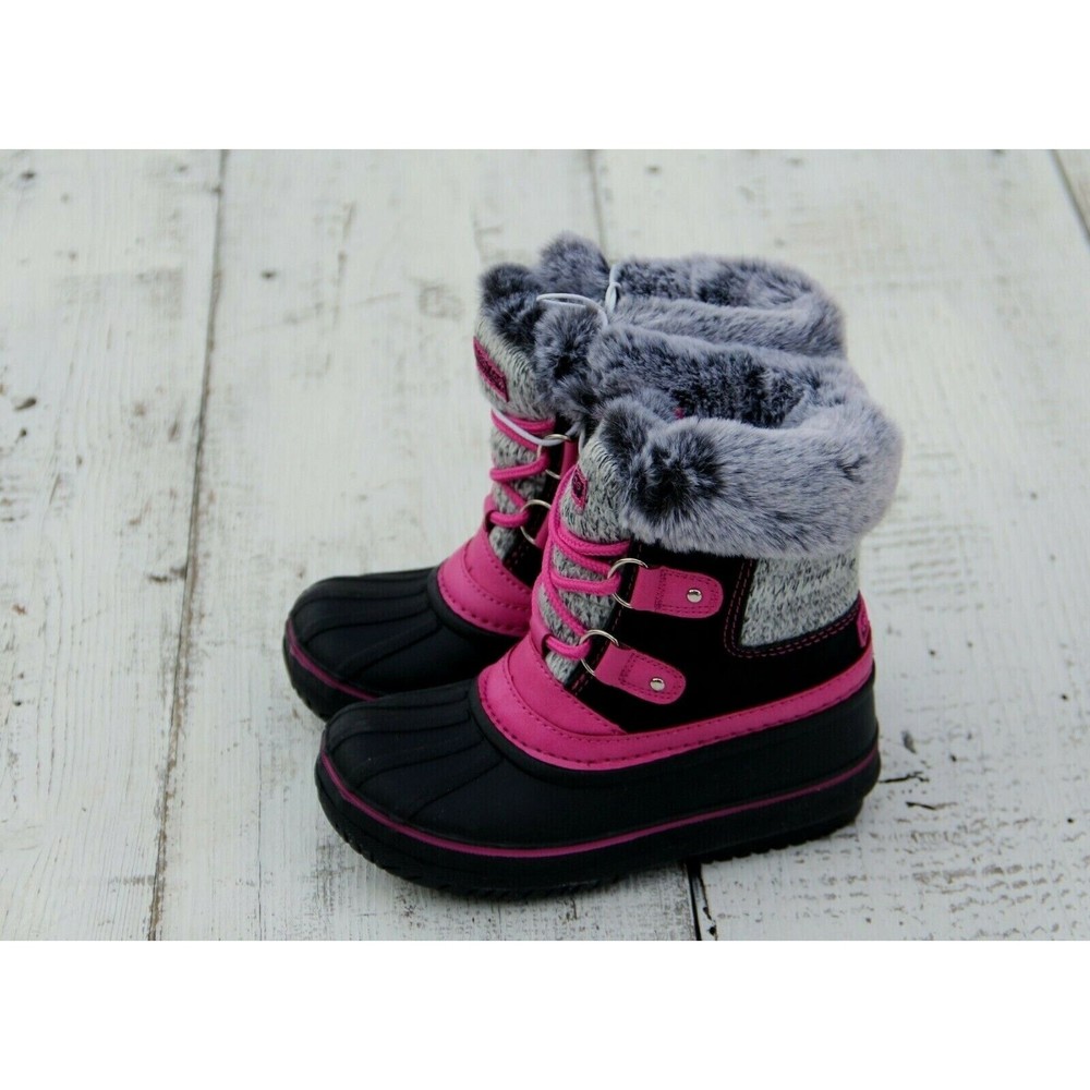 LONDON FOG Girls Size 10 Black Pink Faux Fur Snow Boots NEW